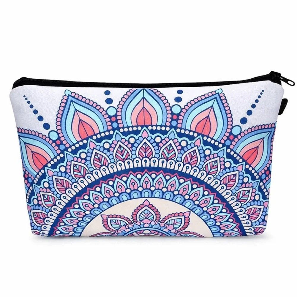 Blue Pink Mandala Makeup Bag Boho Cosmetic Travel Pouch